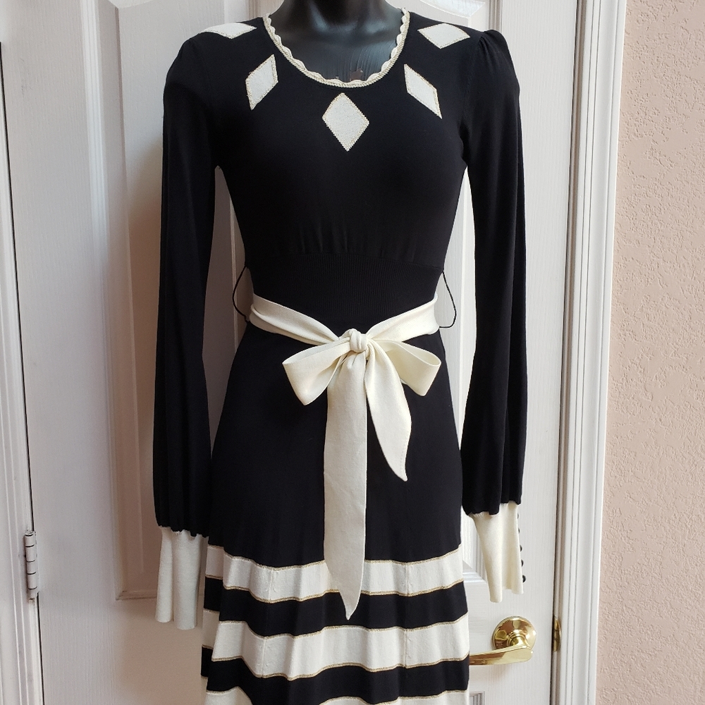 Temperley London Black and Cream Long-Sleeve Belted Dress